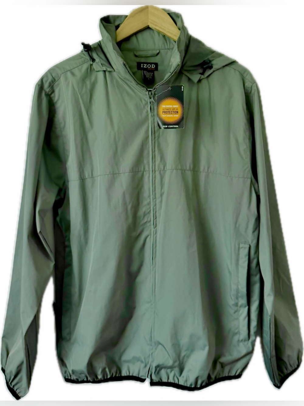 Izod Men's Hooded Windbreaker Jacket in Sage Green